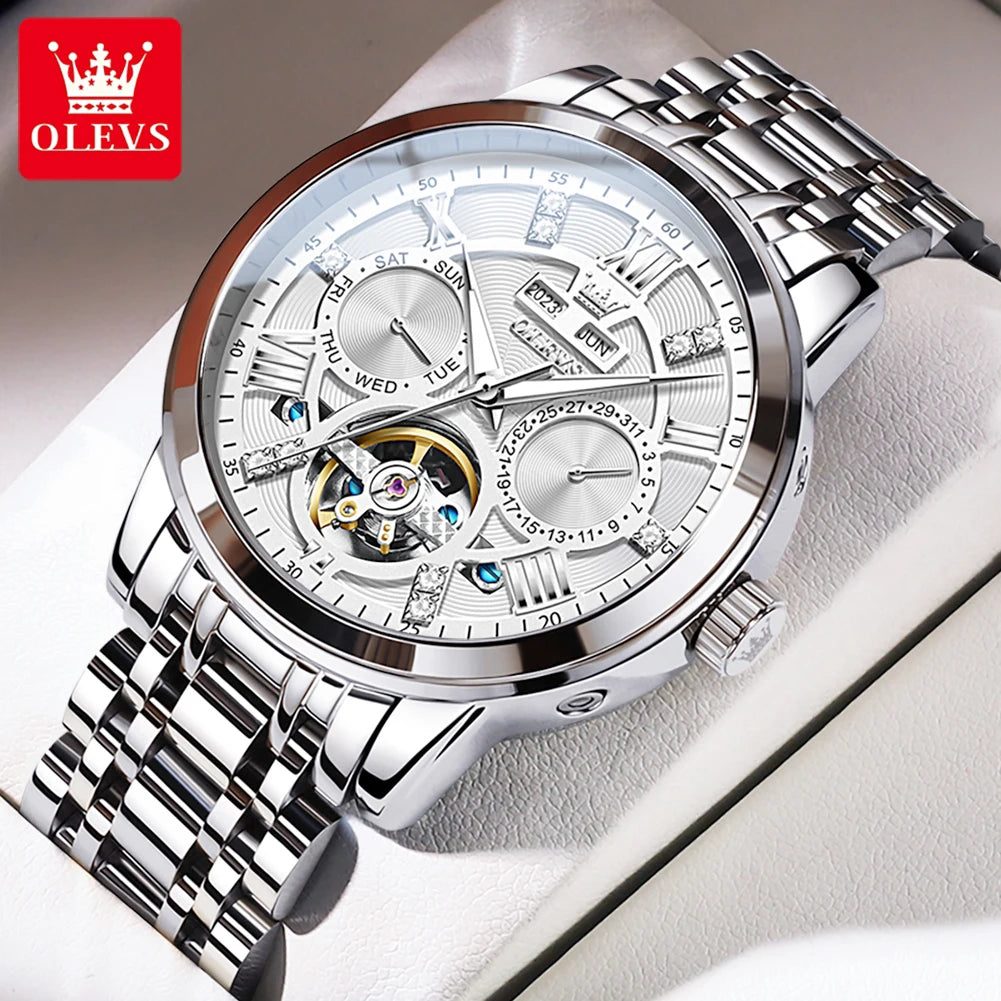 OLEVS Men's Watches Skeketon Flywheel Automatic Mechanical Original Wristwatch for Man Waterproof Luminous Perpetual Calendar