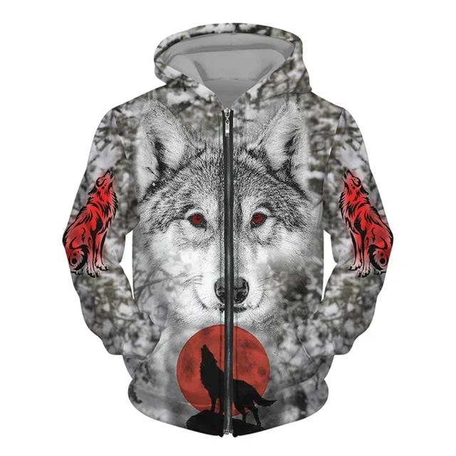 New 3D Wolf Print Men's Hooded Sweatshirt Street Punk Style Zip-up Jumper Oversized Jacket Coat Stylish Vintage Clothes Zip Coat