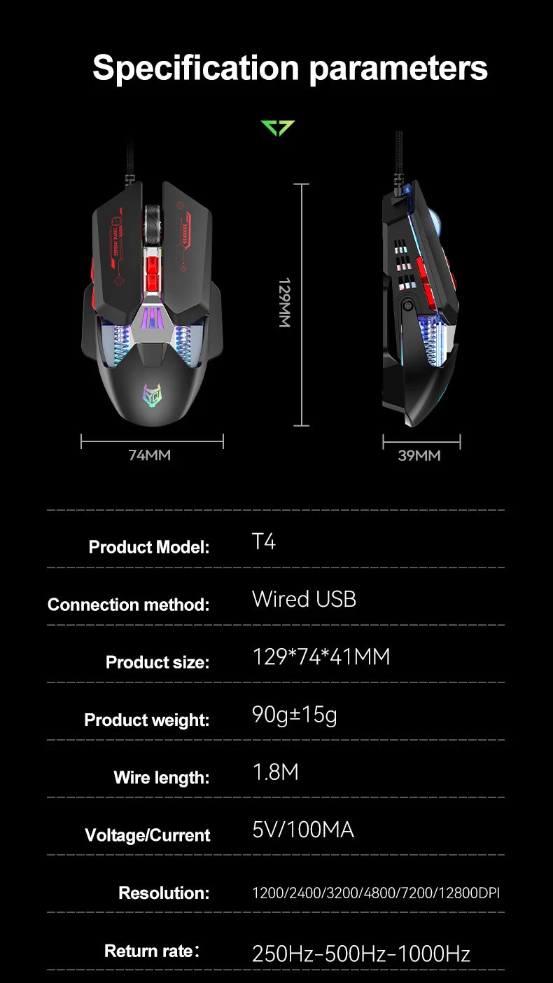 1K Hz Gaming Mouse Wired APAYADO T4 RGB Mouse with Ultra-light Cord 60IPS,12800DPI for Laptop/Computer