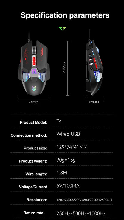 1K Hz Gaming Mouse Wired APAYADO T4 RGB Mouse with Ultra-light Cord 60IPS,12800DPI for Laptop/Computer