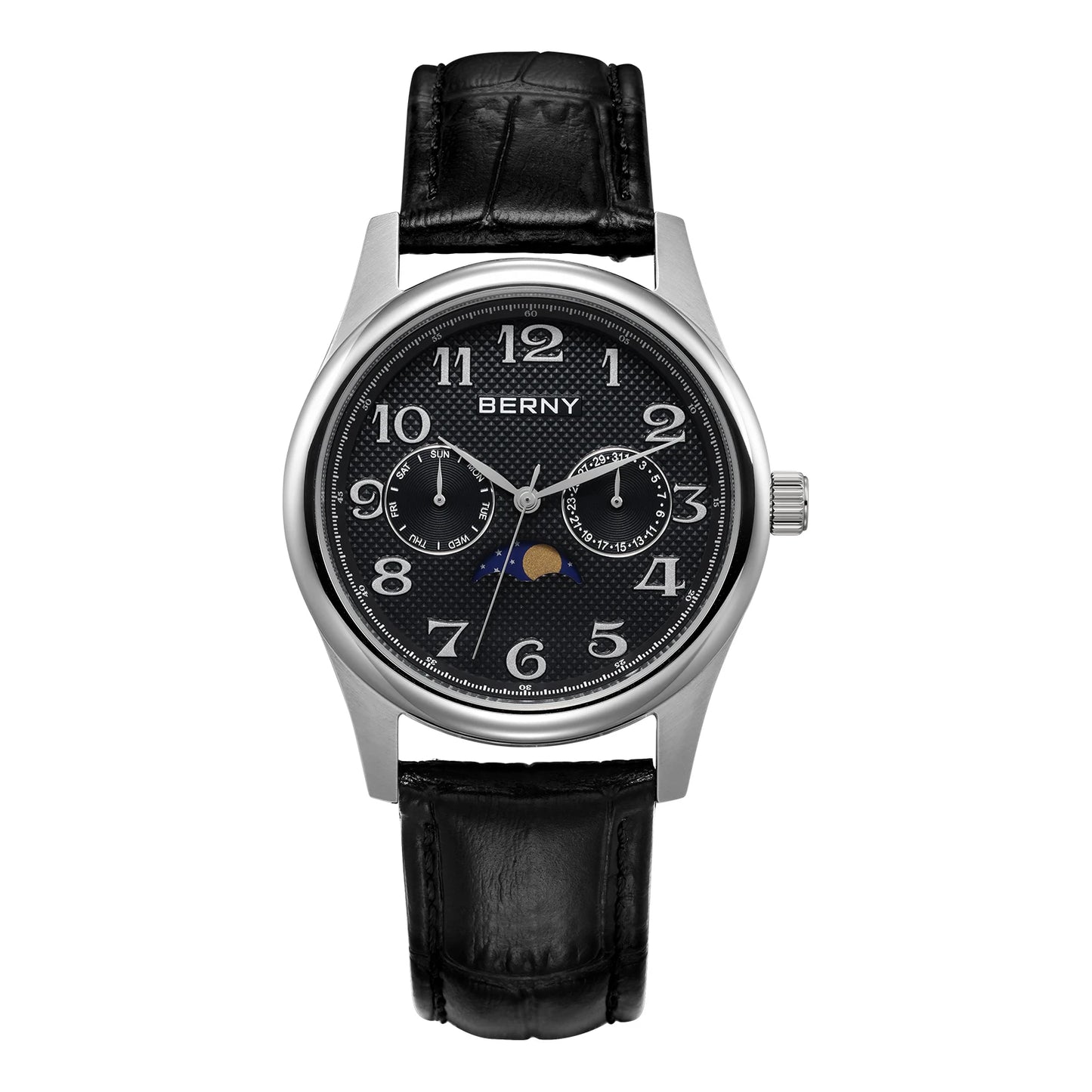 BERNY Watches for Men Moon Phase Quartz Men's Watch Day and Date Calendar Easy Read Vintage-Style Business Dress Wristwatch