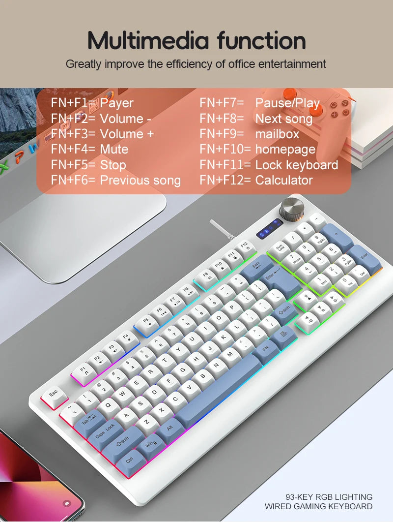 93-Key Minimalist Wired Gaming Keyboard Mixed Color Lighting With Multifunction Knob Mechanical Feeling Keyboard For PC Gamers