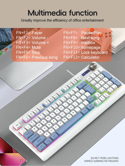 93-Key Minimalist Wired Gaming Keyboard Mixed Color Lighting With Multifunction Knob Mechanical Feeling Keyboard For PC Gamers