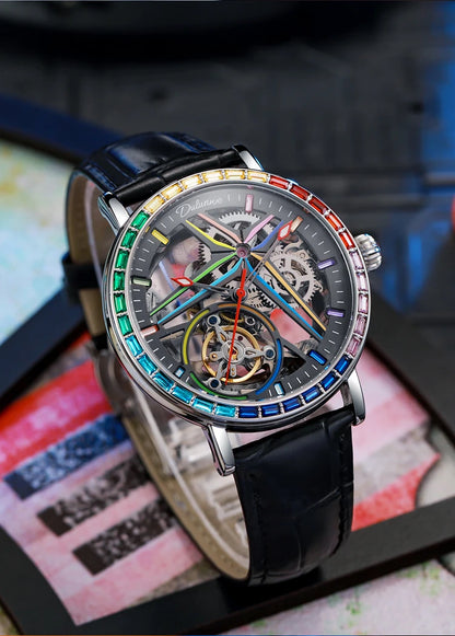 Rainbow Colored Gemstone Tourbillon Fashion Skeleton Watch Men Waterproof 30M Sports Watches Luxury Automatic Mechanical Clock