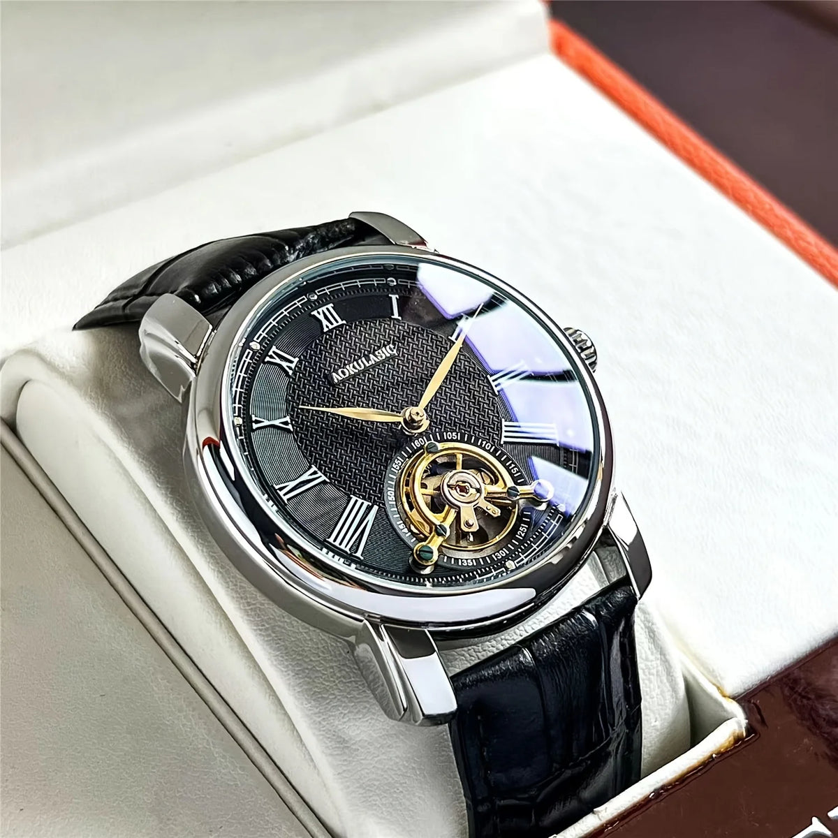 Montre mécanique automatique pour homme – Design ajouré élégant, style « business casual » tendance, boîtier en alliage et bracelet en cuir, sans pile