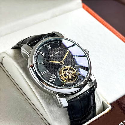 Montre mécanique automatique pour homme – Design ajouré élégant, style « business casual » tendance, boîtier en alliage et bracelet en cuir, sans pile