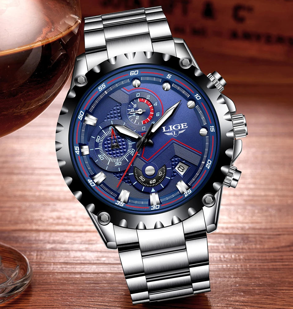 Orologio da uomo LIGE – Orologio al quarzo di tendenza, marchio di lusso, interamente in acciaio, stile professionale, impermeabile e sportivo – Fornito con scatola