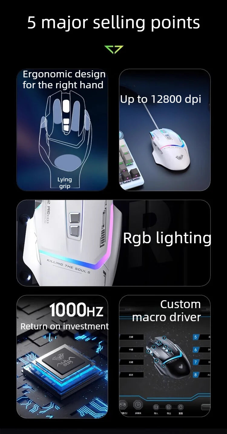 Akční nabídka AULA S12 Pro drátová herní myš 12800 DPI s RGB podsvícením, 8 programovatelnými tlačítky a ergonomickým designem pro PC a notebooky