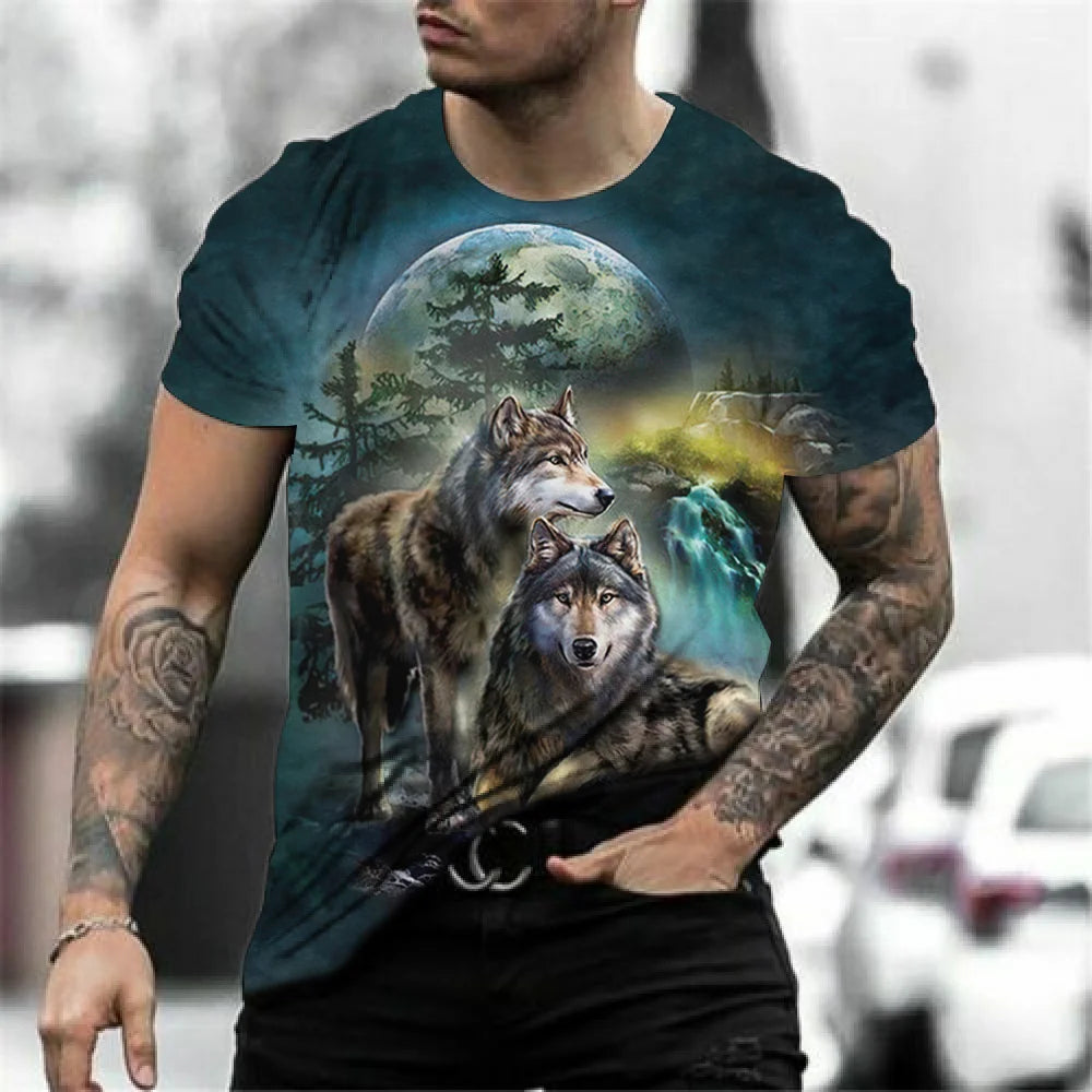 European and American men's new fashionable summer wolf roar print comfortable and breathable round neck T-shirt outdoor top