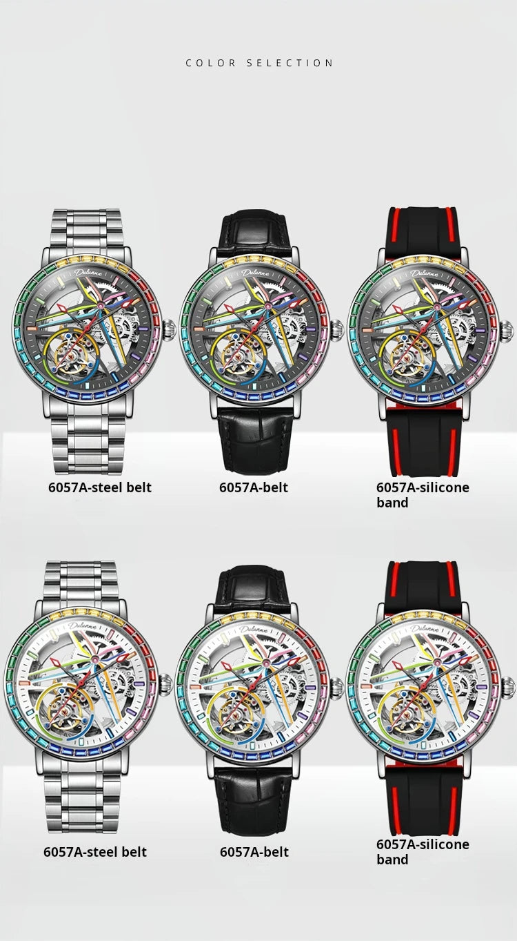 Rainbow Colored Gemstone Tourbillon Fashion Skeleton Watch Men Waterproof 30M Sports Watches Luxury Automatic Mechanical Clock