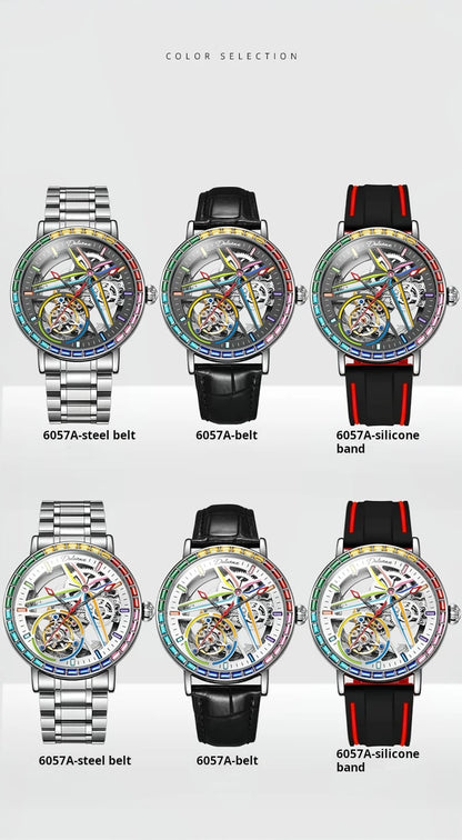 Rainbow Colored Gemstone Tourbillon Fashion Skeleton Watch Men Waterproof 30M Sports Watches Luxury Automatic Mechanical Clock