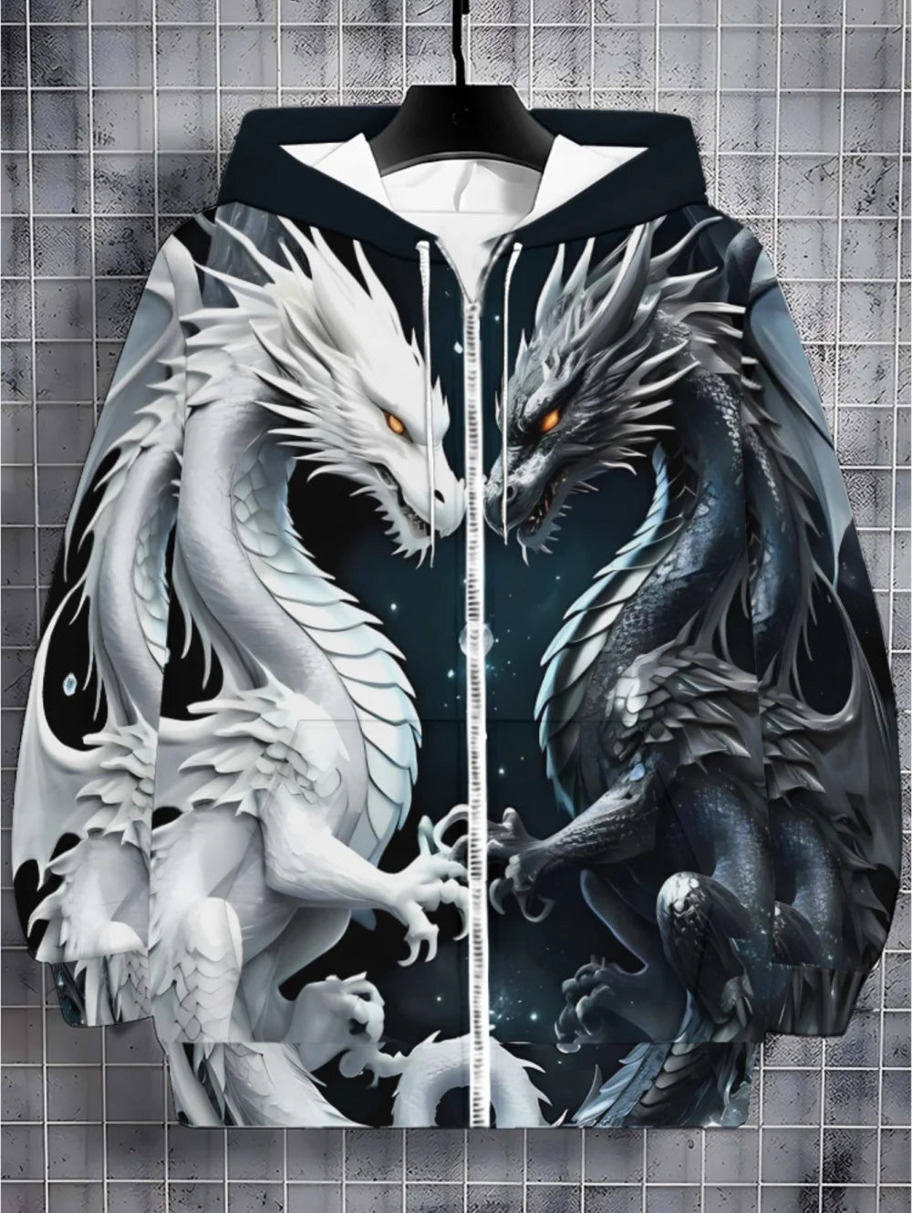 Sweatshirt com capuz e fecho de correr para homem, com estampado de dragão, cordão ajustável, manga comprida, corte oversize, para atividades ao ar livre e viagens, outono/inverno