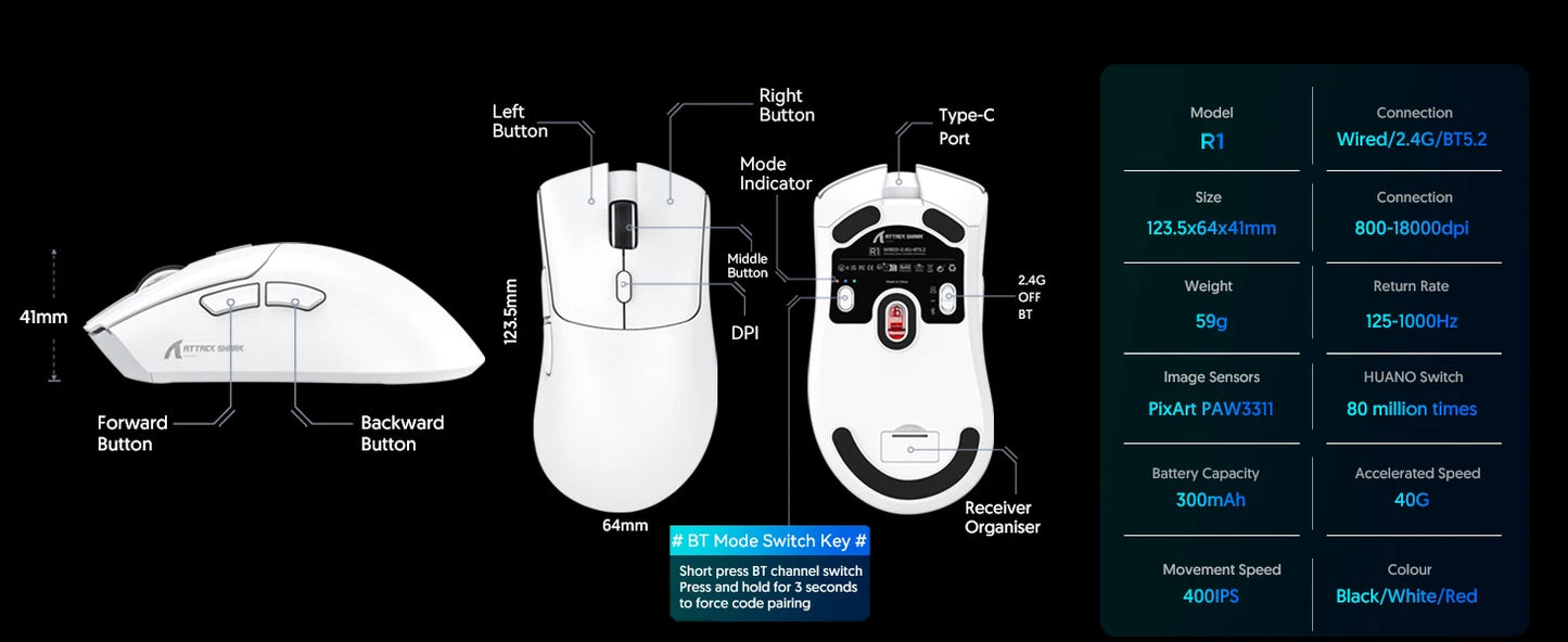 Mysz gamingowa ATTACK SHARK R1 Tri-mode, sensor PixArt PAW3311, 18000 DPI, 1000hz, ultralekka 59g, do dużych dłoni, do PC/Mac