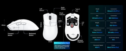 Mysz gamingowa ATTACK SHARK R1 Tri-mode, sensor PixArt PAW3311, 18000 DPI, 1000hz, ultralekka 59g, do dużych dłoni, do PC/Mac