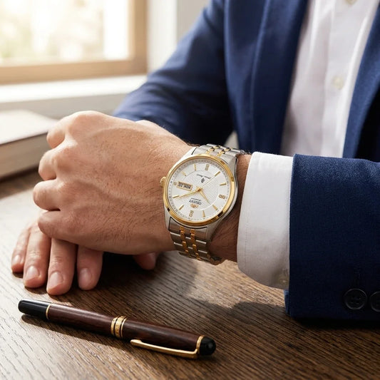Montre mécanique automatique pour homme Orient, avec double calendrier (date et jour de la semaine), index en cristal et bracelet en acier inoxydable – Montre-bracelet de style professionnel