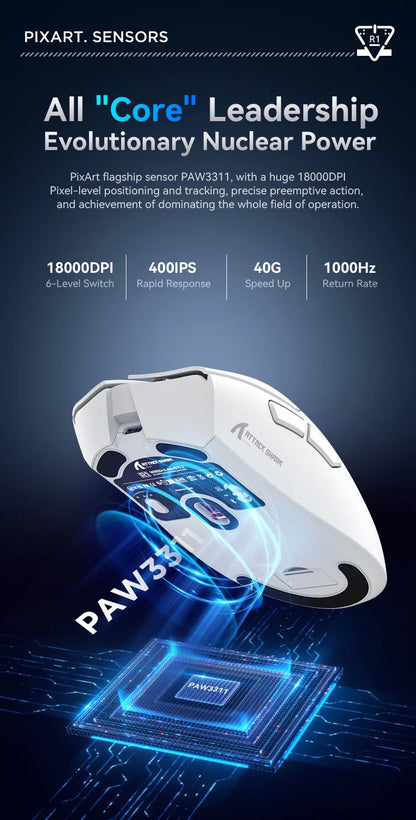 Mouse gaming wireless Attack Shark R1 leggero Bluetooth 2.4G PAW3311 18000DPI ergonomico con macro
