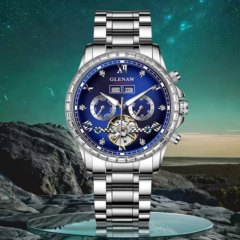 Montre mécanique multifonction GLENAW – Modèle pour homme, style business et décontracté, bracelet en acier inoxydable, étanche, avec calendrier – Montre de luxe