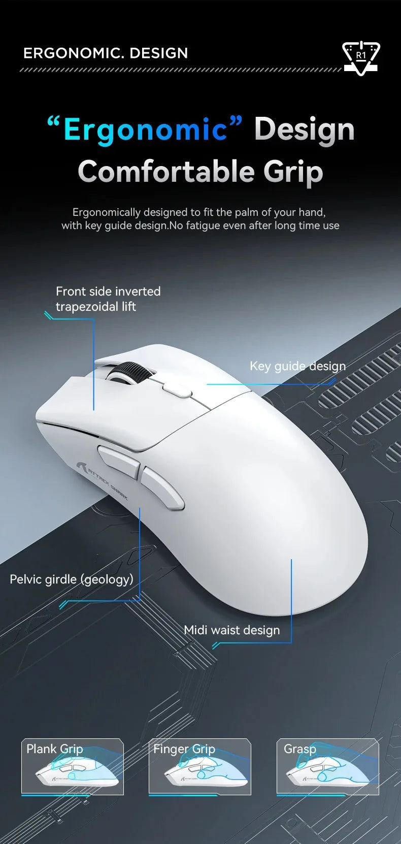 Attack Shark R1 Wireless Mouse for Gaming 1000 Hz PAW3311 Sensor,Rechargeable,Bluetooth Tri-mode,Ergonomic