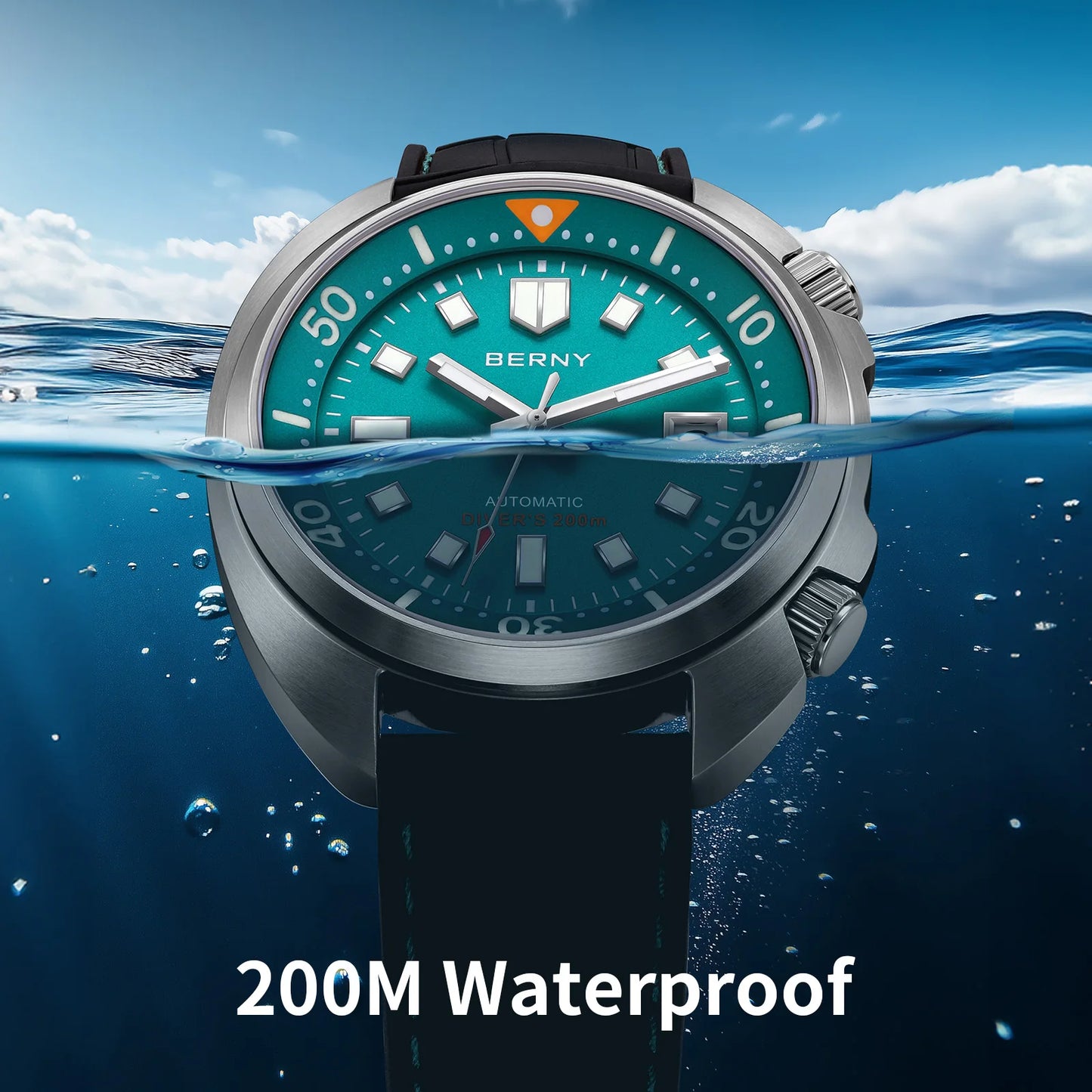 BERNY 20ATM Diver Watch For Men Mechanical Miyota 8215 Sapphire Sports Diving Luminous Anti-collision Crown Dual Crown Men Watch