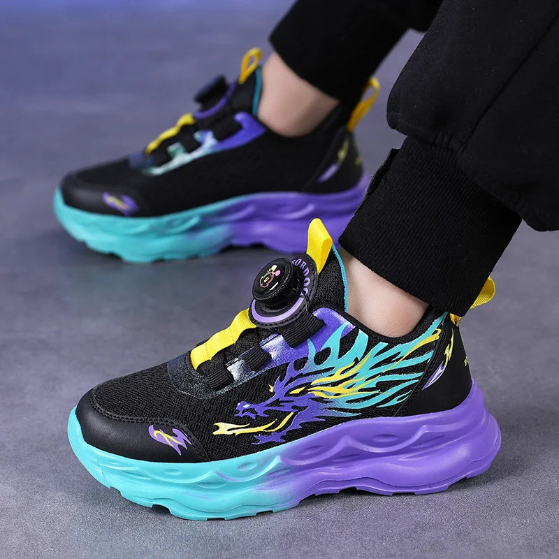 Childrens Sports Shoes Autumn Anti Slip Breathable New Student Rotating Button Boys Outdoor Shock-absorbing Mesh Running Shoes