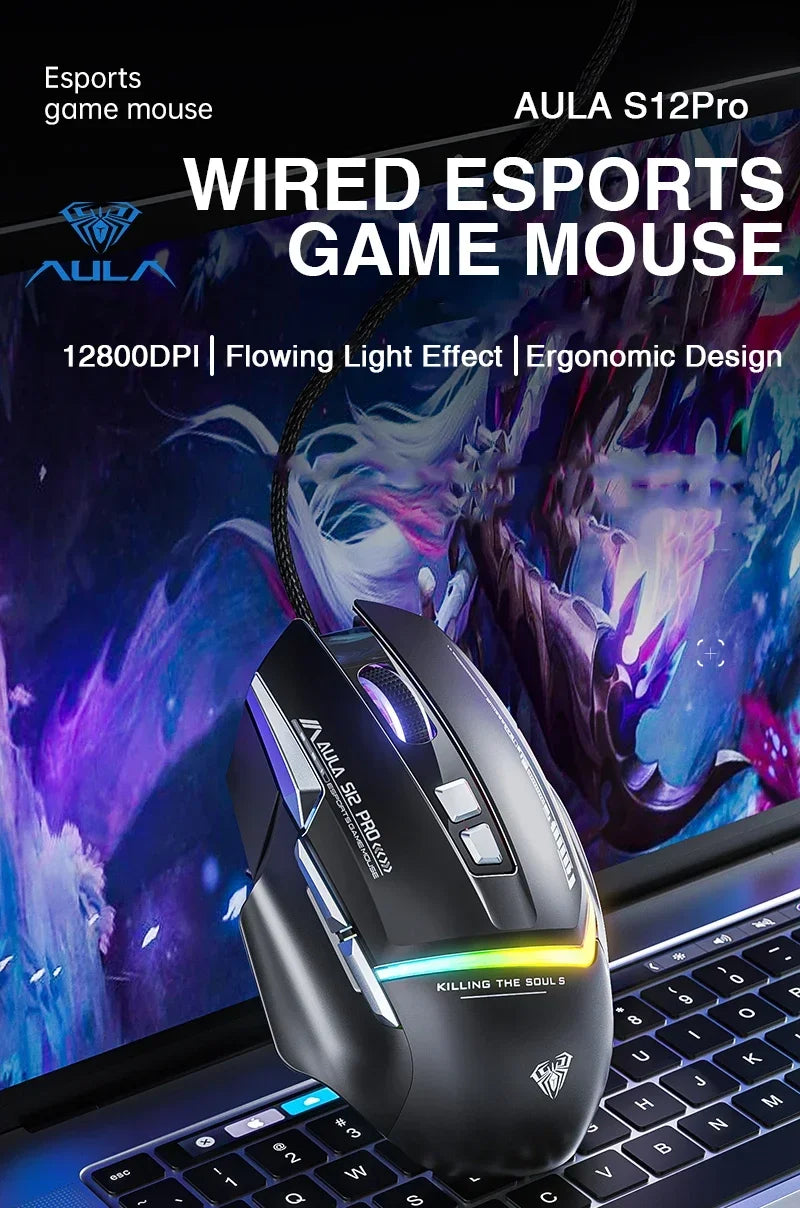 AULA S12Pro kablet mekanisk mus 1000HZ 12800DPI RGB lav latenstid makrodefinitioner esport gamingmus PC-gamer-tilbehør