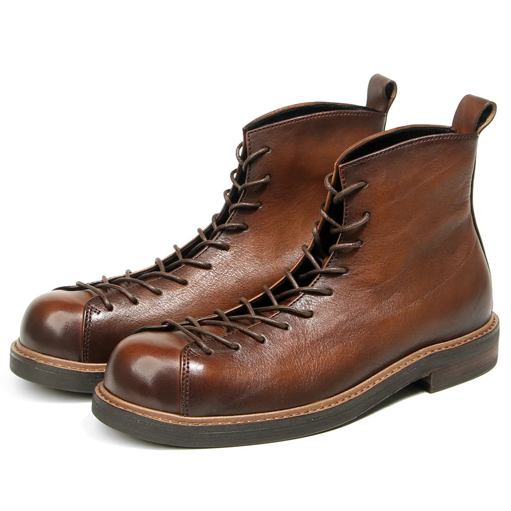 KOWM cowhide Hiking shoes men's walking boot British trekking shoes thick soled cowhide high top motorcycle boots ankle sneakers