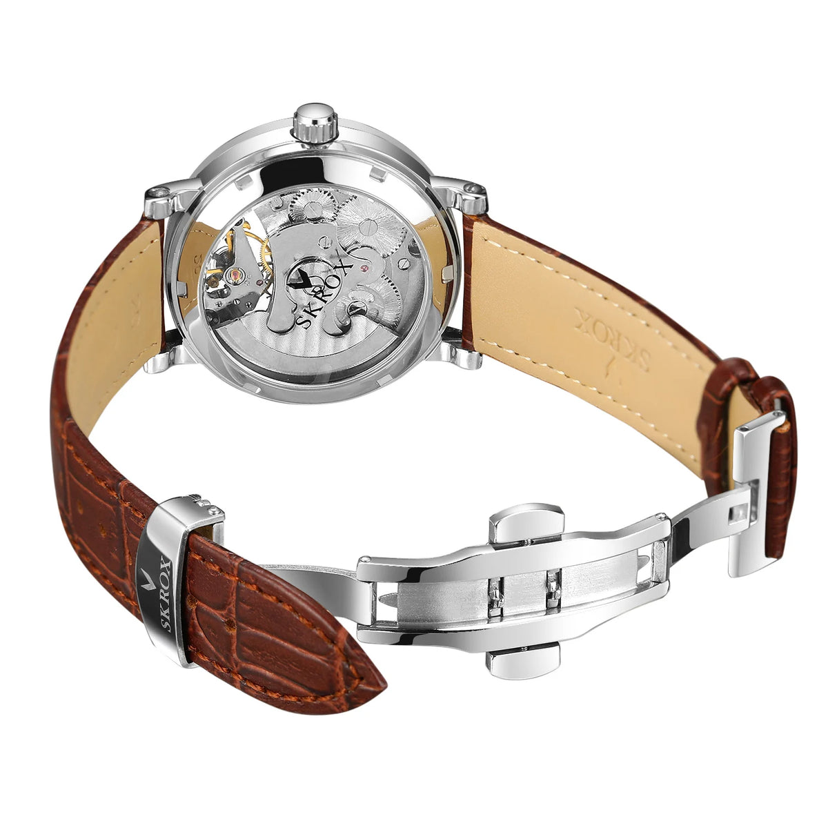 Reloj de pulsera mecánico automático SKROX para hombre, modelo esqueleto con función GMT, fase lunar y tourbillon: reloj de lujo de alta gama, elegante y original.