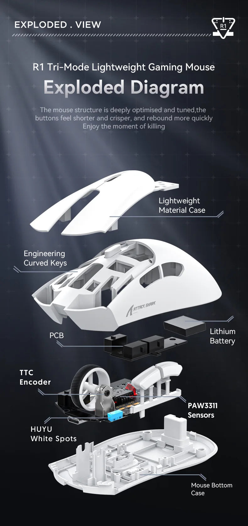 Mouse gaming wireless Attack Shark R1 leggero Bluetooth 2.4G PAW3311 18000DPI ergonomico con macro