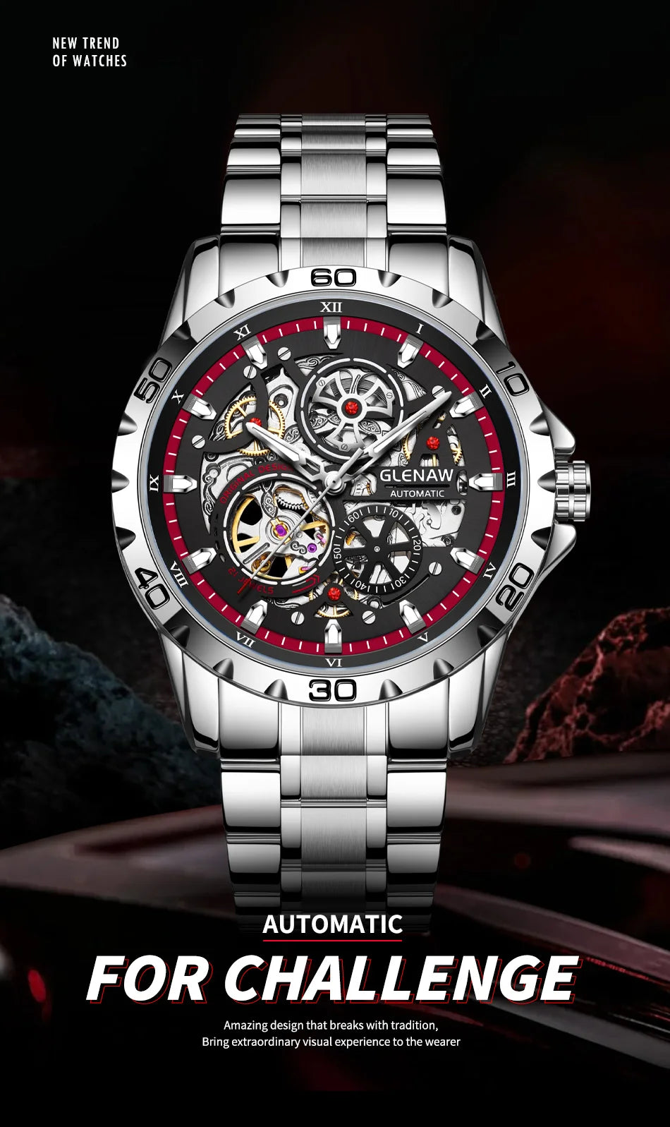 GLENAW Steampunk Skeleton Men's Watch Ring Luxury Automatic Mechanical Watches Luminous Waterproof Stainless Steel Strap Watch