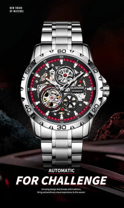 GLENAW Steampunk Skeleton Men's Watch Ring Luxury Automatic Mechanical Watches Luminous Waterproof Stainless Steel Strap Watch