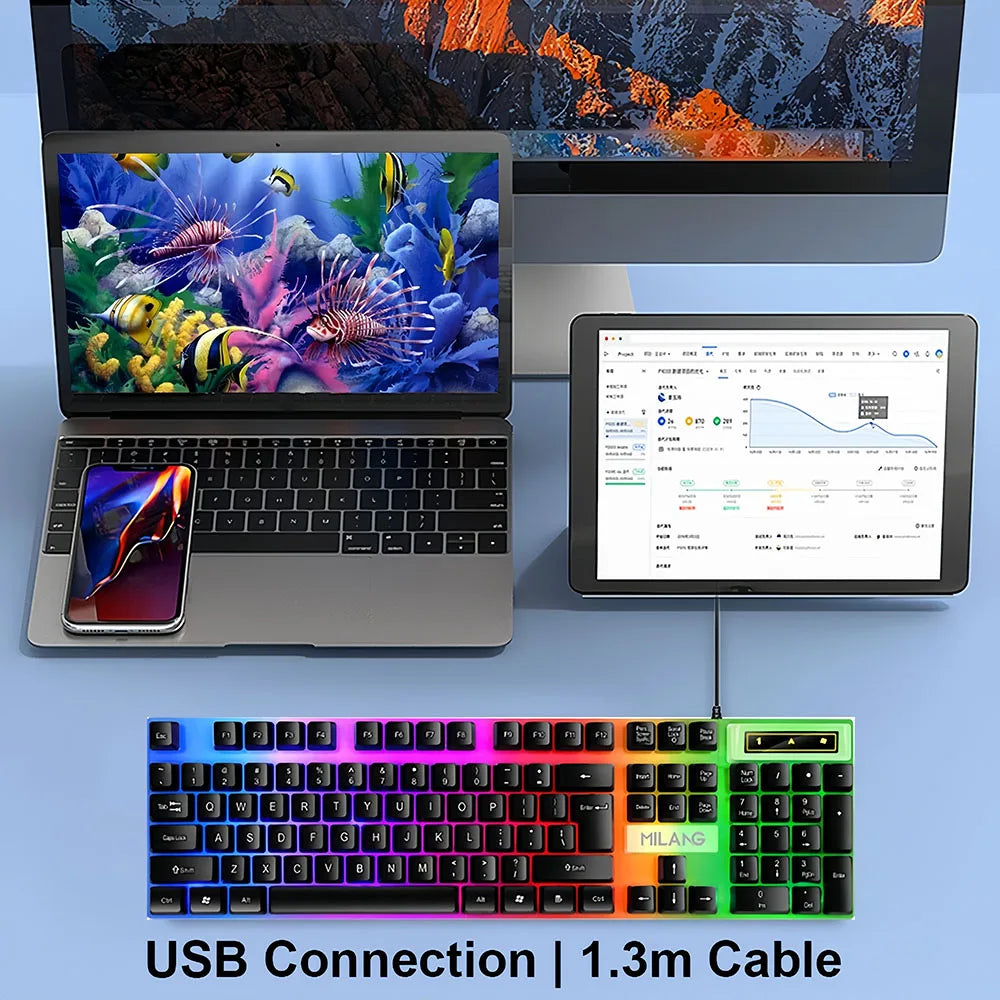 Tastiera gaming RGB cablata USB a 104 tasti, cavo da 1.3M, tastiera a membrana con sensazione meccanica per PC, laptop, Windows e IOS