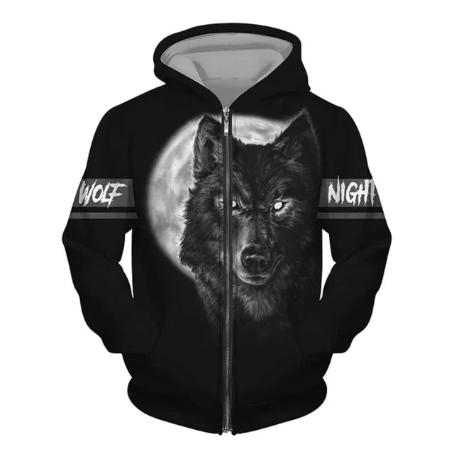 New 3D Wolf Print Men's Hooded Sweatshirt Street Punk Style Zip-up Jumper Oversized Jacket Coat Stylish Vintage Clothes Zip Coat