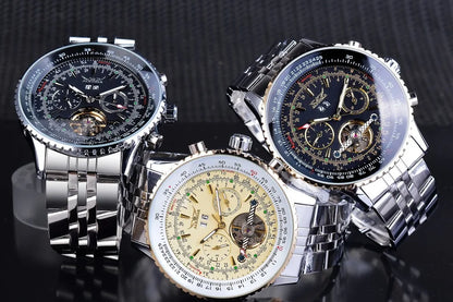 JARAGAR 034 luxus retro automata mechanikus karóra, tourbillon, üreges szkeleton, rozsdamentes acél, heti naptár, férfi karóra