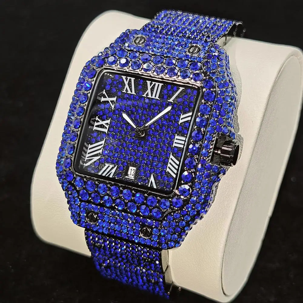 Green Diamond Watch For Men Brand UNIGUET Fashion Roman Literal Quartz Clock Man Hip Hop Iced Jewelry Square Wristwatch 2025 New