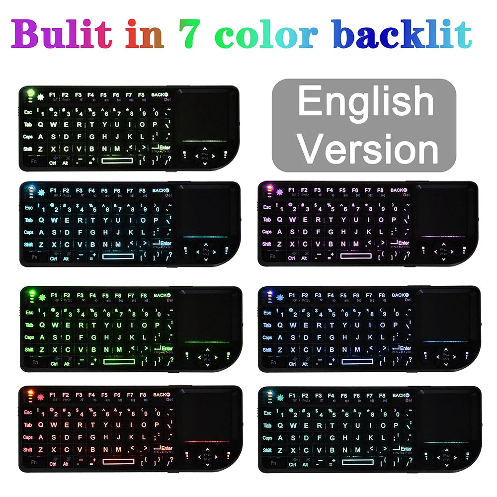 Teclado inalámbrico A8 Mini 2.4G con retroiluminación de 7 colores, teclado portátil 3 en 1 con panel táctil y Air Mouse para Android TV Box, PC y tablet
