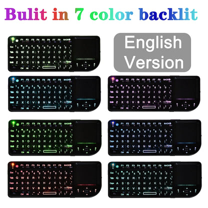 Teclado inalámbrico A8 Mini 2.4G con retroiluminación de 7 colores, teclado portátil 3 en 1 con panel táctil y Air Mouse para Android TV Box, PC y tablet