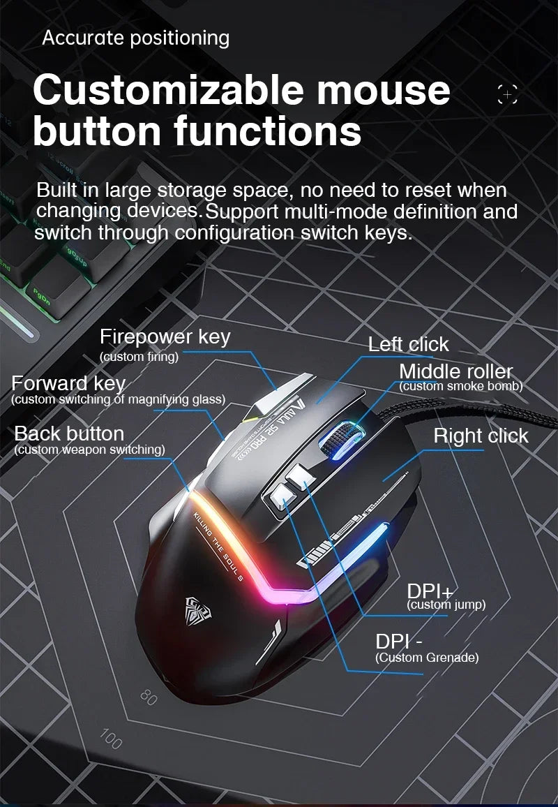 AULA S12Pro kablet mekanisk mus 1000HZ 12800DPI RGB lav latenstid makrodefinitioner esport gamingmus PC-gamer-tilbehør