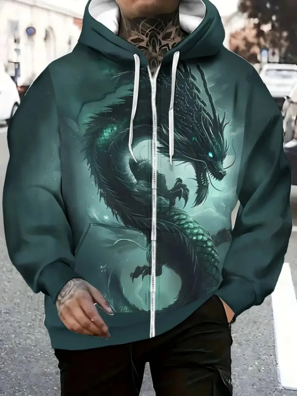 Sweatshirt com capuz e fecho de correr para homem, com estampado de dragão, cordão ajustável, manga comprida, corte oversize, para atividades ao ar livre e viagens, outono/inverno