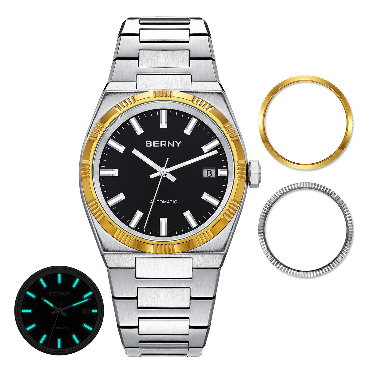 Montre automatique pour homme BERNY, dorée, verre saphir, aiguilles luminescentes, 100 % originale, équipée d'un mouvement PT5000, revêtement antireflet, modèle de luxe avec lunette interchangeable, étanche 5 ATM.
