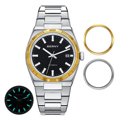 Montre automatique pour homme BERNY, dorée, verre saphir, aiguilles luminescentes, 100 % originale, équipée d'un mouvement PT5000, revêtement antireflet, modèle de luxe avec lunette interchangeable, étanche 5 ATM.