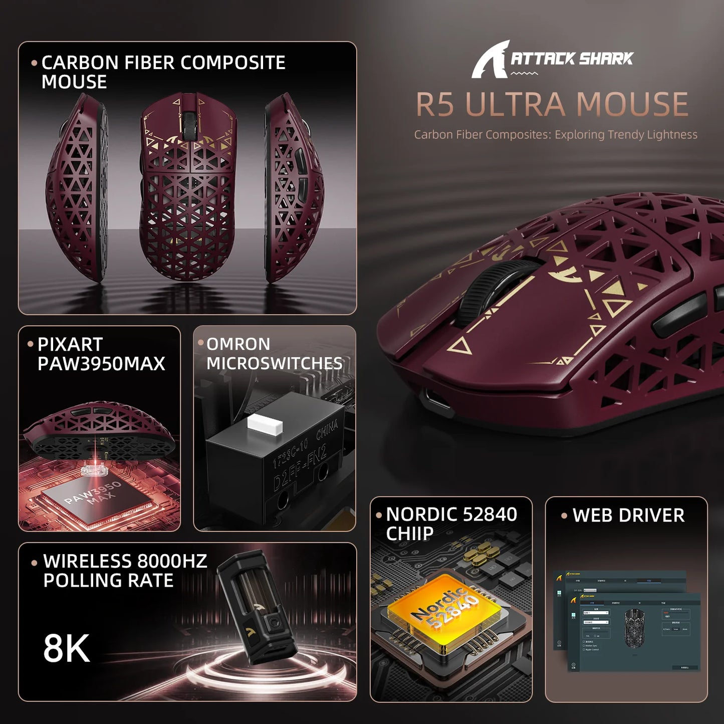 ATTACK SHARK R5 Ultra trådløs gamingmus i kulfiber, PixArt PAW3950MAX-gamingsensor, 42000DPI, 8000Hz, MCU Nordic 52840