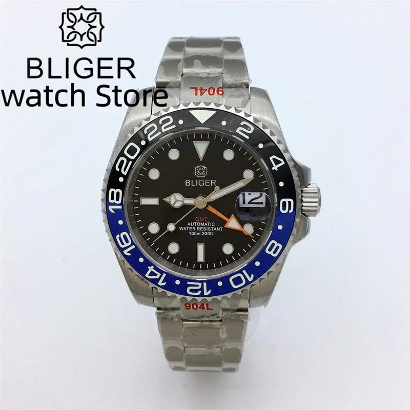 BLIGER 40mm NH34 GMT Watch For Men Mechanical Wristwatch Luminous Bezel Sapphire Glass Stainless Steel Bracelet Reloj Hombre