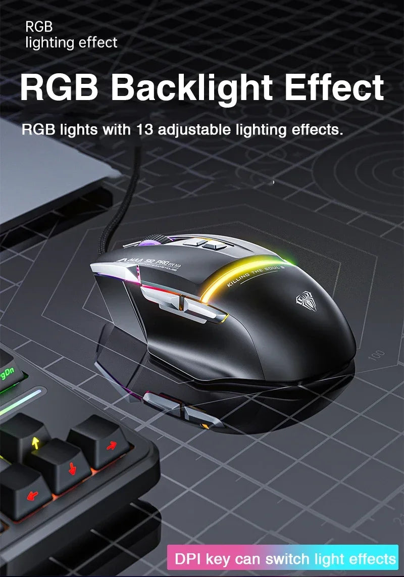 AULA S12Pro kablet mekanisk mus 1000HZ 12800DPI RGB lav latenstid makrodefinitioner esport gamingmus PC-gamer-tilbehør