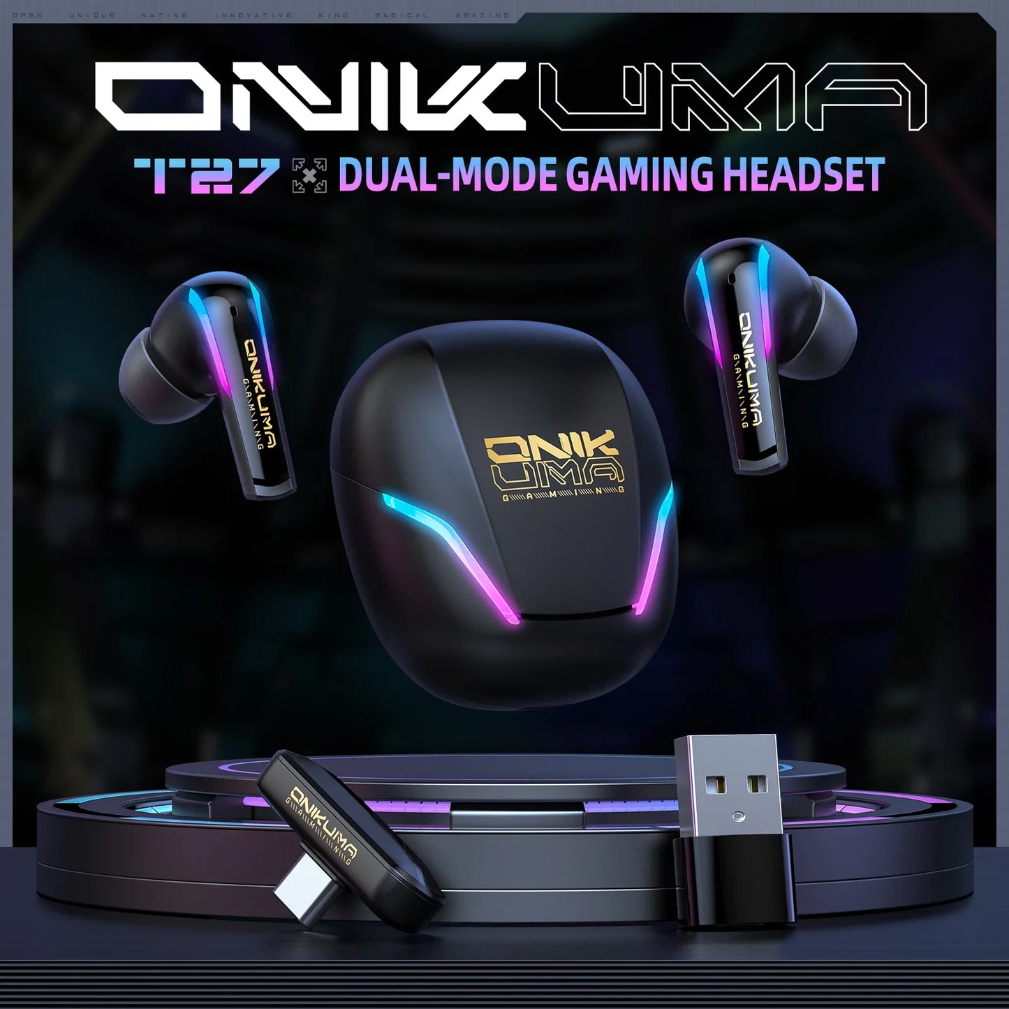 ONIKUMA T27 Wireless Earbuds Dual-mode Headset Independent Connection with Touch Control 2.4GHz Low Latency Stereo Bluetooth
