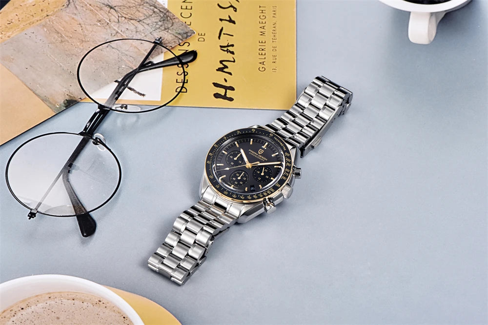 PAGANI DESIGN herenhorloge „New Moon“ – Luxe quartzhorloge, chronograaf, saffierglas met antireflectiebehandeling, keramische lunette, lichtgevende wijzers
