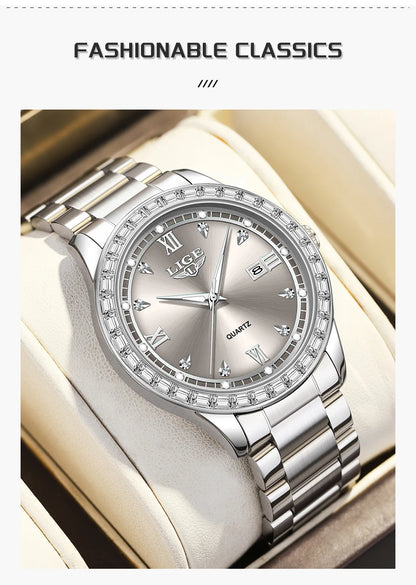 LIGE elegant women's watch Fashion waterproof clock luminous stainless steel business quartz watch for Women reloj de mujer+BOX
