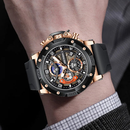 Montre pour homme LIGE Sports – Chronographe de luxe, bracelet en silicone, petits cadrans fonctionnels, mouvement à quartz, étanche et luminescente