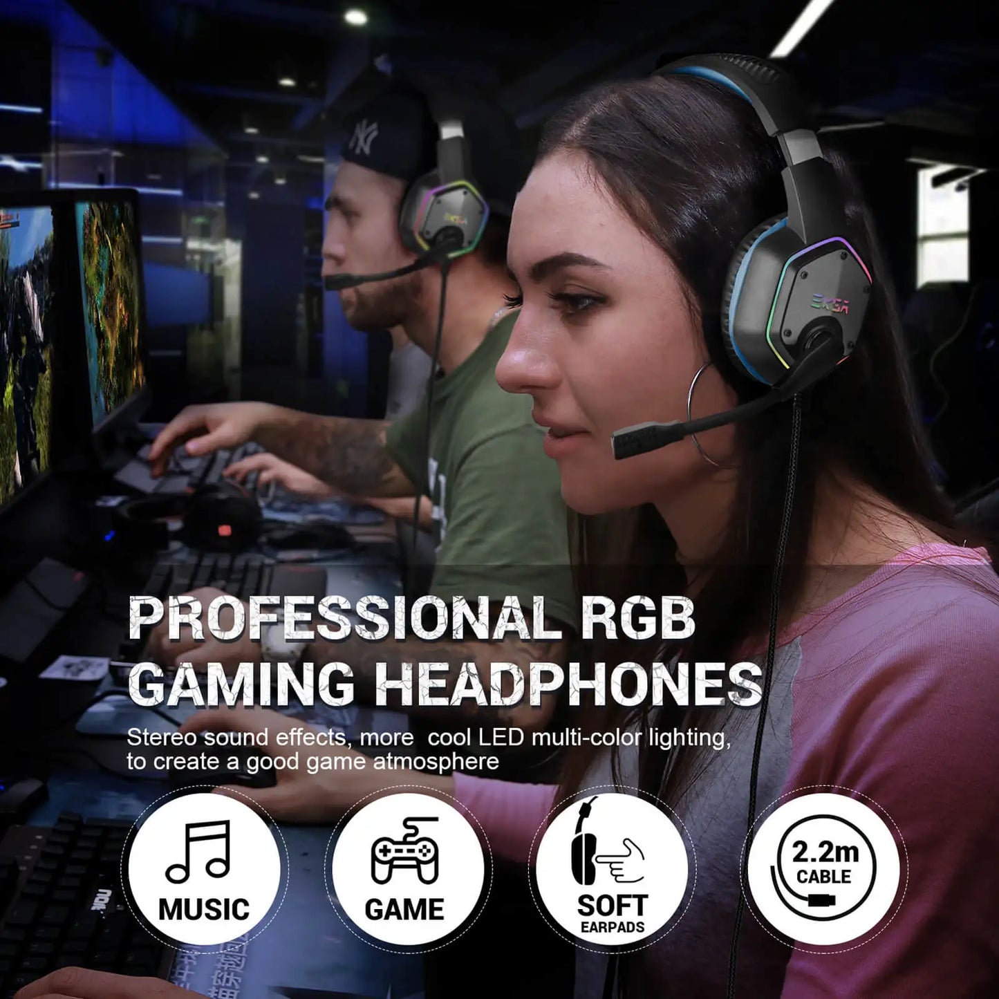EKSA E1000 Gaming Headphones For PC/PS4/PS5 7.1 Surround RGB Gaming Headset Gamer USB Wired Headphones with Noise Cancelling Mic