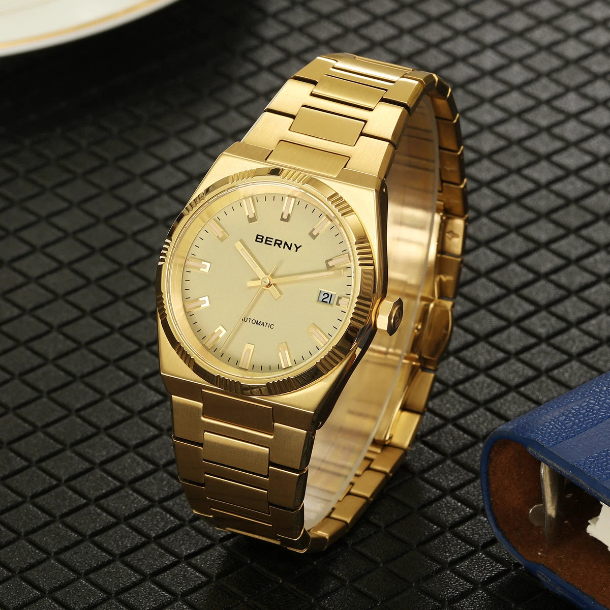 Montre automatique pour homme BERNY, dorée, verre saphir, aiguilles luminescentes, 100 % originale, équipée d'un mouvement PT5000, revêtement antireflet, modèle de luxe avec lunette interchangeable, étanche 5 ATM.