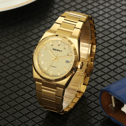 Montre automatique pour homme BERNY, dorée, verre saphir, aiguilles luminescentes, 100 % originale, équipée d'un mouvement PT5000, revêtement antireflet, modèle de luxe avec lunette interchangeable, étanche 5 ATM.